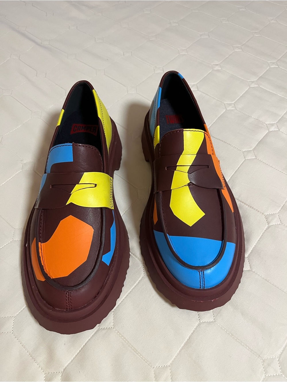 Camper women’s Maroon Loafers with Blue, Orange & Yellow Accents